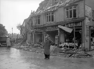 Blitzkreig Prints: WW2 Air Raid Damage Air raid damage at Bridlington A fireman stands in