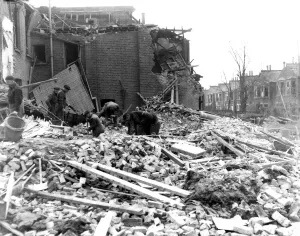 00205 Prints: WW2 Air Raid Damage Brockley London Rocket raid at Brockley rescue workers