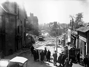 Baedeker Blitz Prints: WW2 Air Raid Damage York Bomb damage at York - people standing in the street