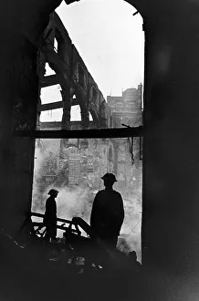 Shadows Prints: WW2 Air Raids Fireman Spraying Water On Burning Premises