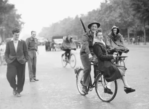 WW2 August 1944 LAC Stanley Mallett RAF giving a french girl a lift on a borrowed