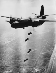 WW2 B-26 Marauder medium bomber of the Ninth Air Force releasing four 1000-pound
