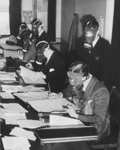 WW2 Fulham Council workers wearing their respirators for ten minutes each day