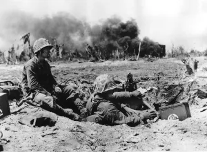 Trenches Prints: WW2 US marines on Namur Island 1944 Two marines relax in a machine gun nest