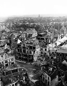Wreckage Prints: WW2 Ruins of Neuss Germany captured by the US 9th Army - Dusseldorf can be seen in
