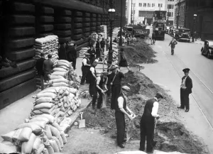 00204 Prints: WW2 September 1939 Civilians filling sandbags - lining the streets in a team effort