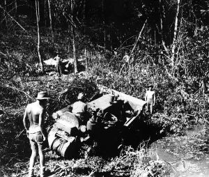 WW2 Sikh members of the Indian Engineers clear stream bed near Pinwe in Northern Burma