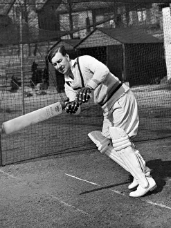Yorkshire county cricketer Norman Yardley practising his batting skills in the nets
