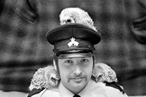 00069 Prints: Three young baby owls perched on the shoulders of RSPCA officer David Barnes