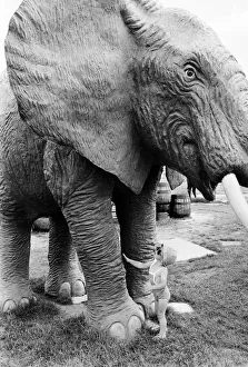 00585 Prints: Young children playing between the legs of a model elephant statue at an adventure