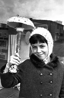 Childhood Children Prints: This young girl has a very unusual umbrella. The parasol mushroom was found in Coventry