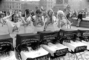 00068 Prints: Six young ladies pushing prams on a sunny day in Trafalgar Square