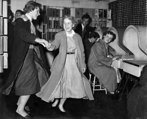 Record Player Prints: Youth Culture: Two girls dance whilst listening to the latest recordings at their local