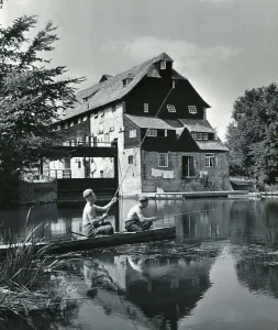 National Trust Prints: Youth Hostels Houghton Mill Young people fishing on the River Ouse Huntingdonshire