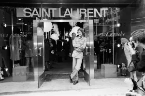00757 Prints: Yves Saint Laurent, designer, pictured outside his first London Rive Gauche store on New
