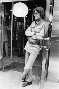 Yves Saint Laurent, designer, pictured outside his first London Rive Gauche store on New