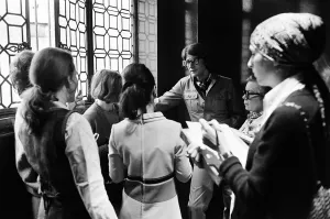 00756 Prints: Yves Saint Laurent, designer, pictured speaking with journalists at the opening of his